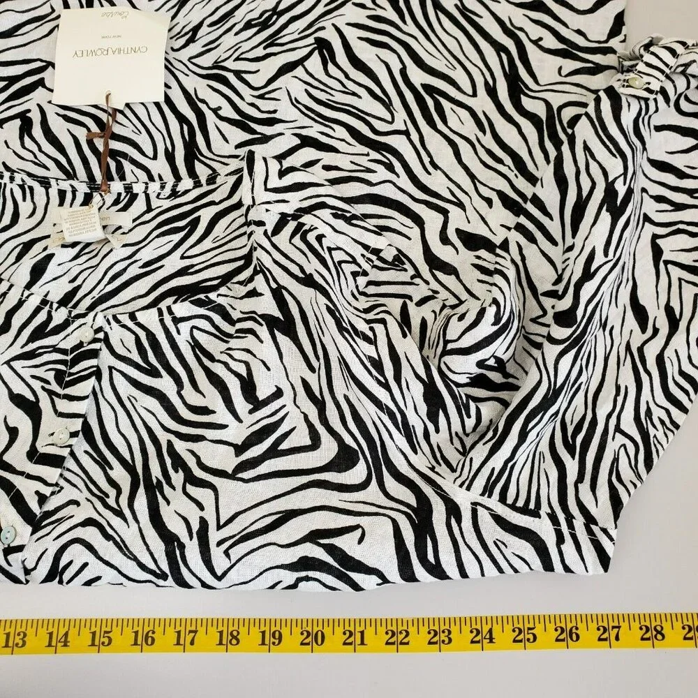 Cynthia Rowley Top Womens 2X Linen Zebra Animal Roll Tab Sleeves Button Front - Picture 8 of 10